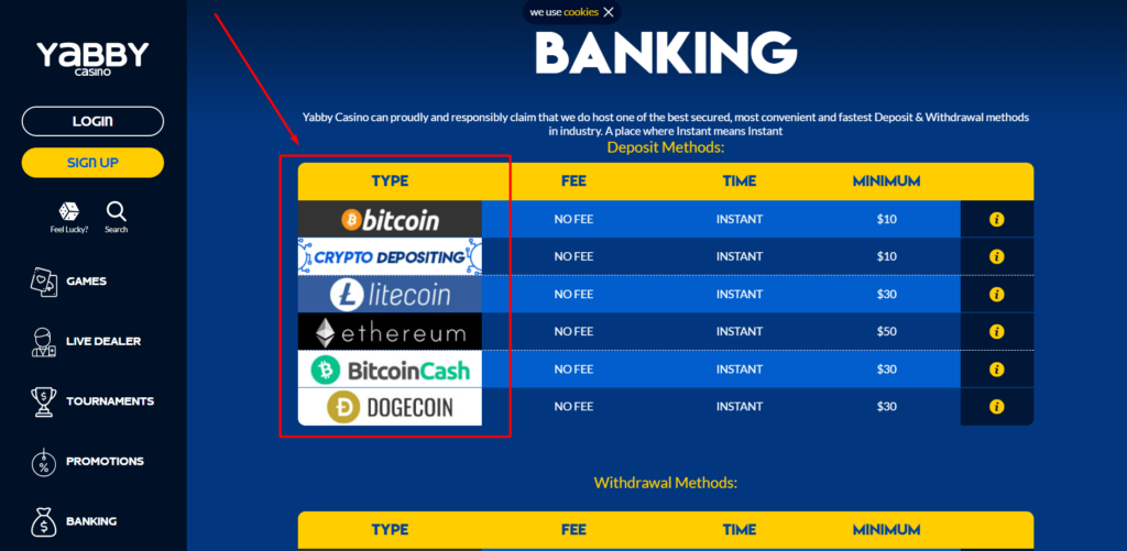 Screenshot of all cryptocurrencies on Yabby Casino website